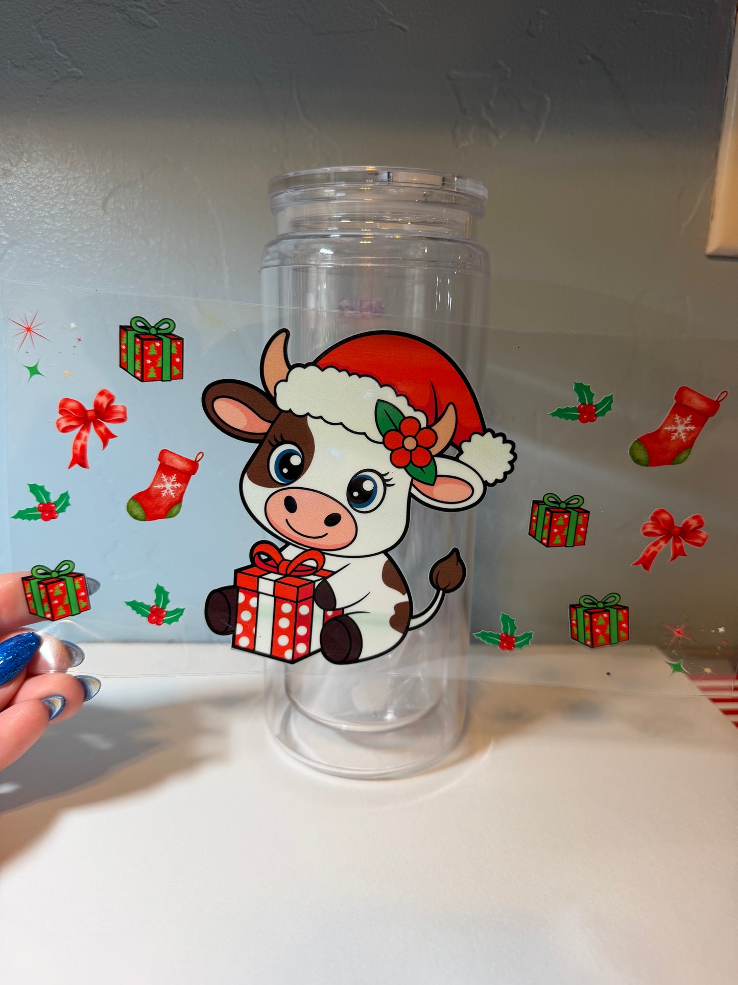 Cute Christmas Cow UV DTF Wrap | Santa Cow with Gifts Tumbler Decal