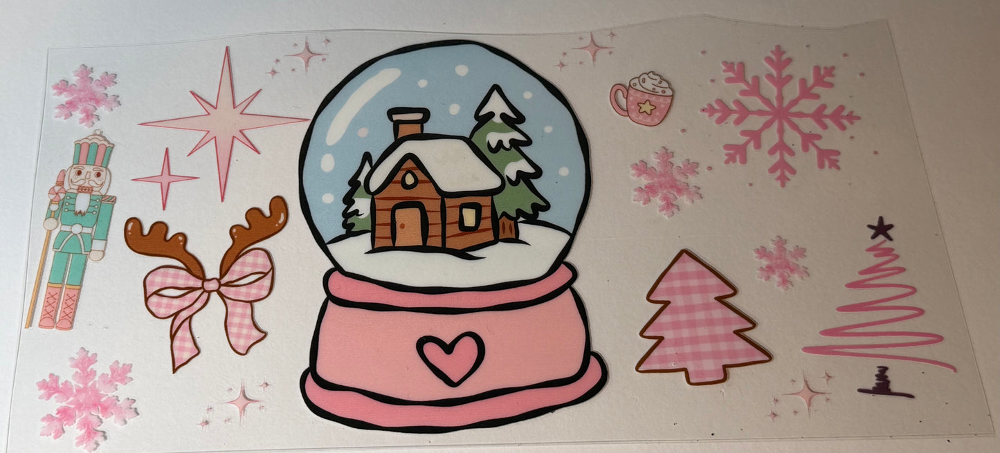 Pink Christmas Snow Globe UV DTF Wrap | Cottage, Nutcracker & Coquette Holiday Tumbler Decal