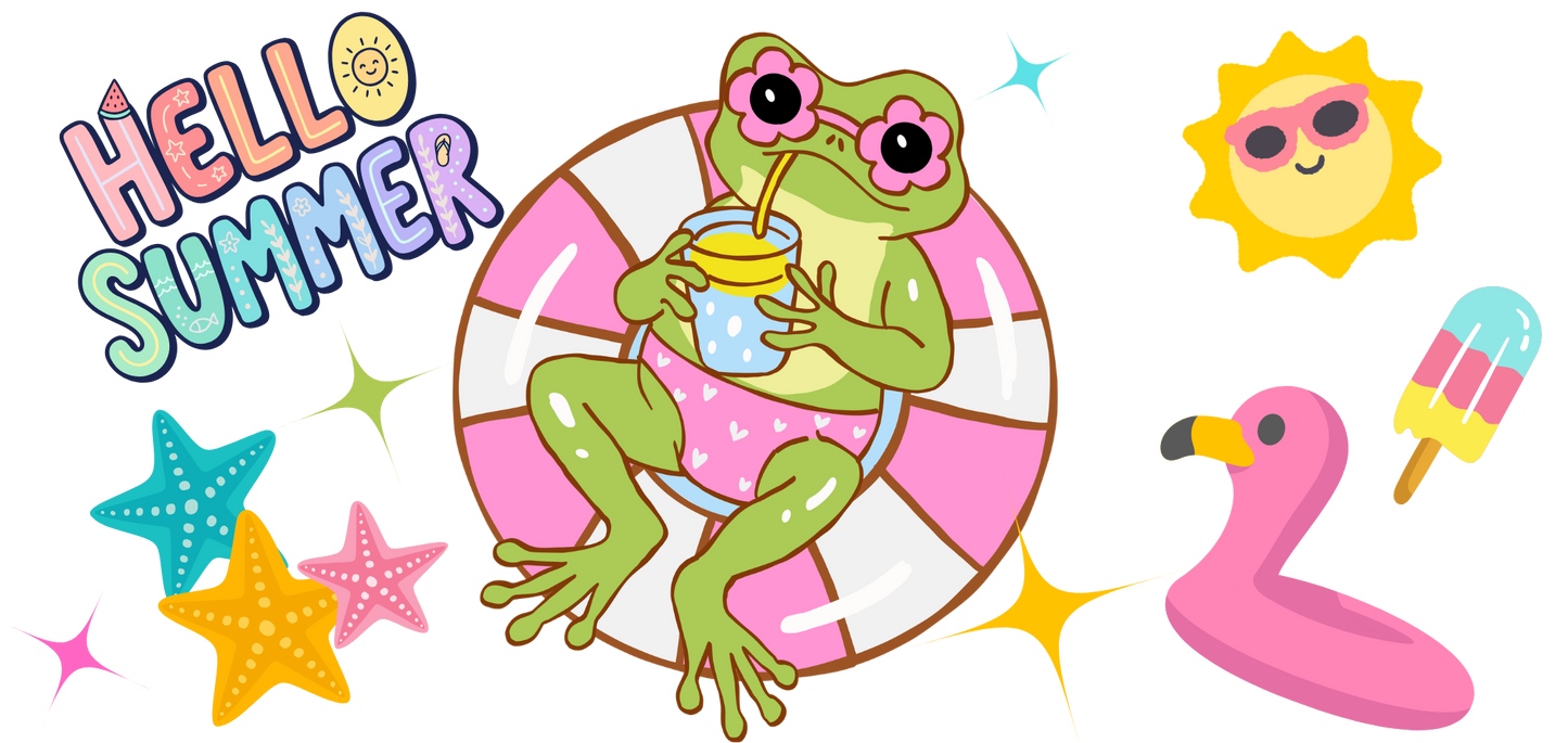 Hello Summer Frog UV DTF wrap/Decal Sheet | Cute Poolside Frog Summer Transfer Decals