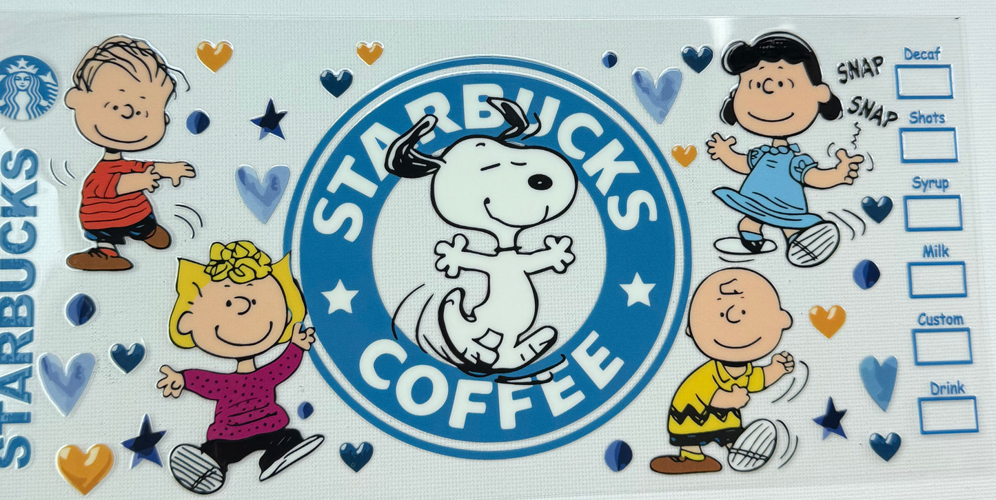 Cartoon Coffee Lover UV DTF Wrap | Cute Nostalgic Character Tumbler Wrap | Blue Coffee Theme 20oz Skinny Wrap