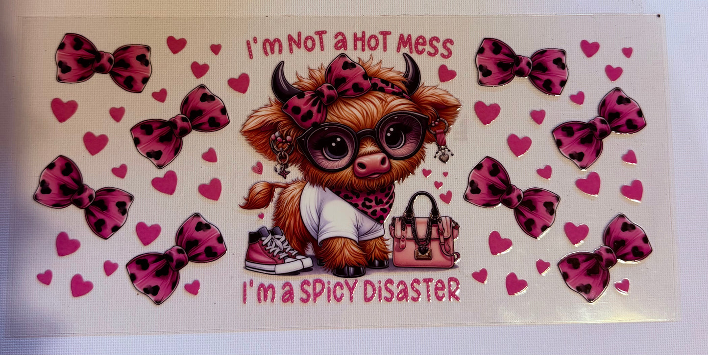 Spicy Disaster Highland Cow UV DTF Wrap | Funny Cow Tumbler Decal | Pink Bow Coquette Wrap | 20oz Skinny Cup Transfer