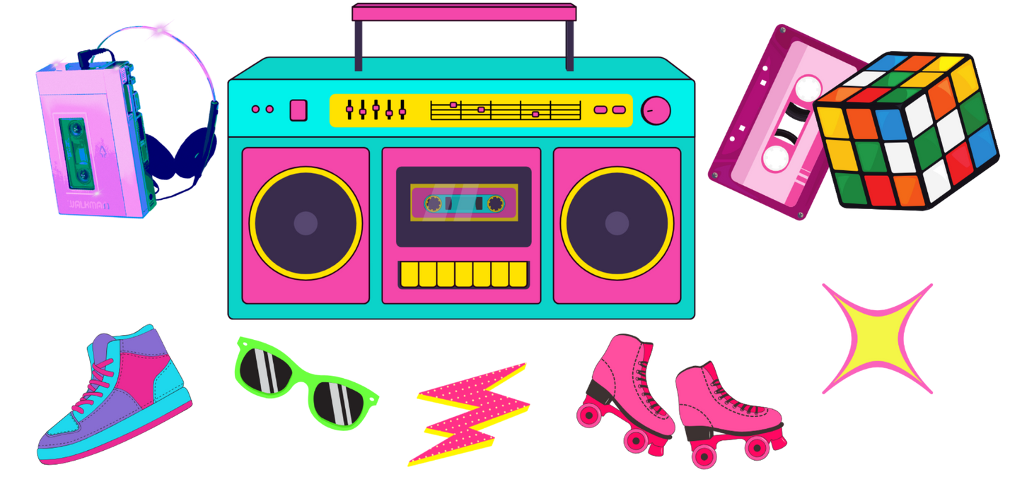 Retro 80s & 90s Nostalgia UV DTF Decal Sheet | Boombox, Cassette Tape, Roller Skates & Retro Accessories