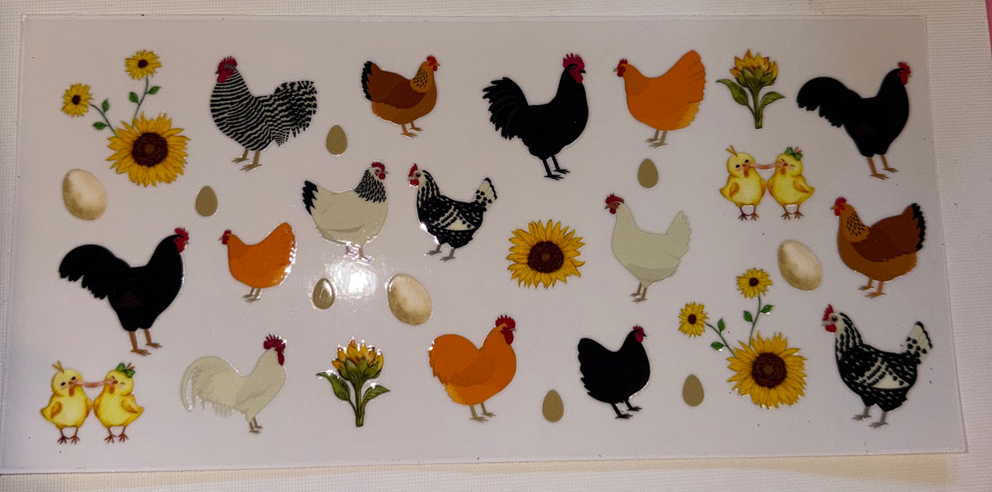 Chicken Pattern UV DTF Wrap | Farmhouse Tumbler Decal | Sunflower Chicken Cup Wrap | 20oz Skinny
