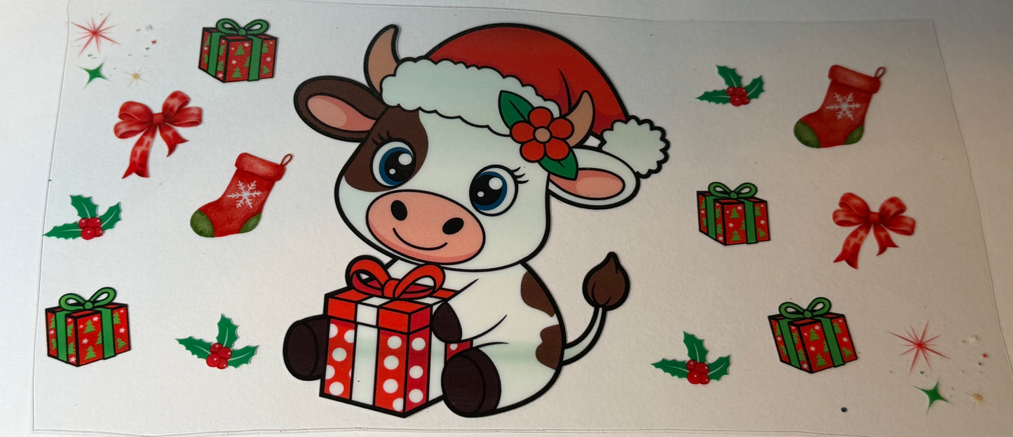 Cute Christmas Cow UV DTF Wrap | Santa Cow with Gifts Tumbler Decal