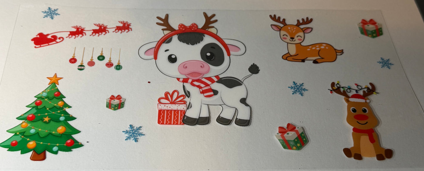 Cute Christmas Cow UV DTF Decal | Holiday Cow Libbey Glass Can Wrap | Christmas Cup Decal | Reindeer Cow |