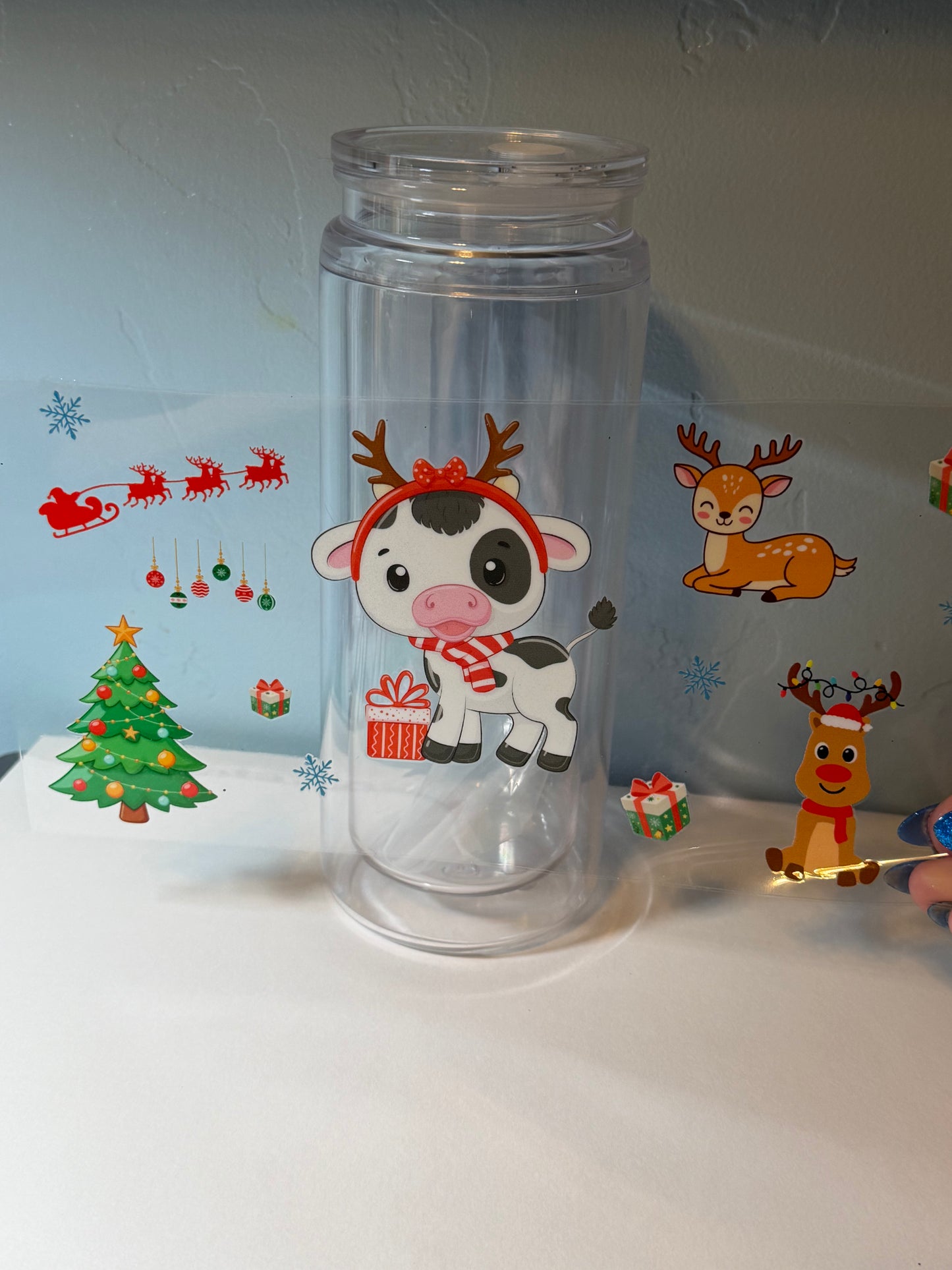 Cute Christmas Cow UV DTF Decal | Holiday Cow Libbey Glass Can Wrap | Christmas Cup Decal | Reindeer Cow |
