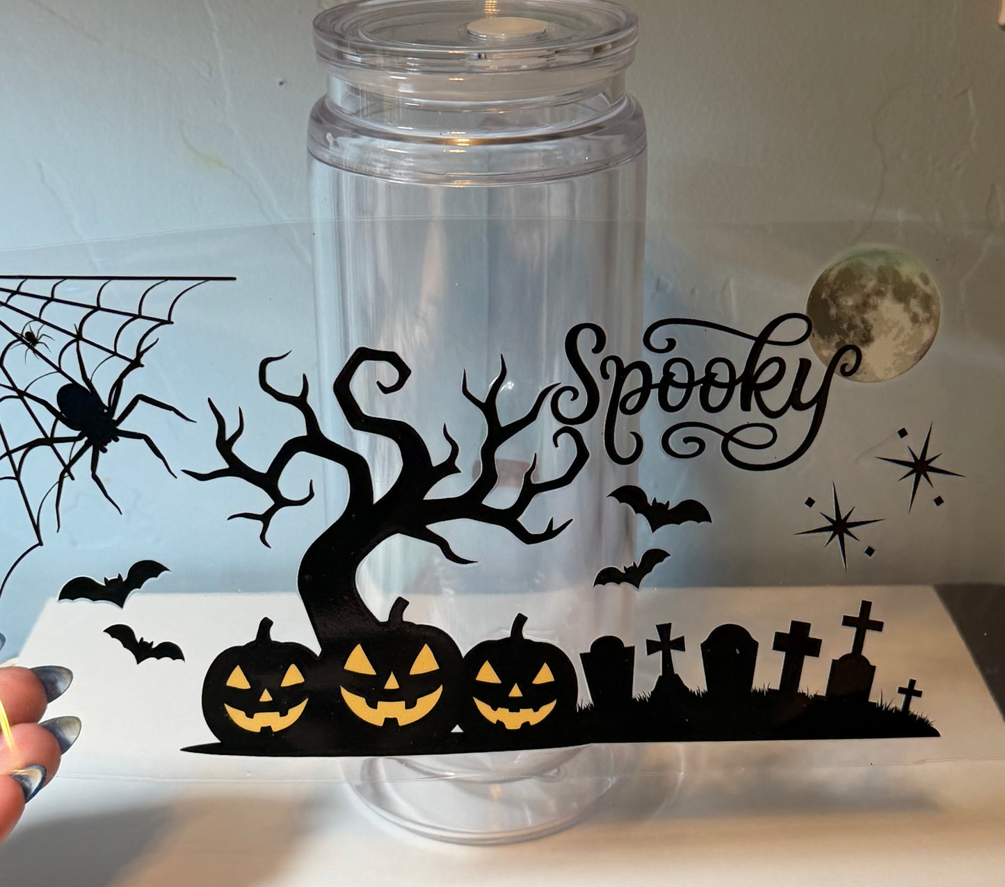 Spooky Halloween UV DTF Decal | Haunted Pumpkin Scene Transfer | Spooky Quote Cup Wrap | Ghost Tree & Graveyard