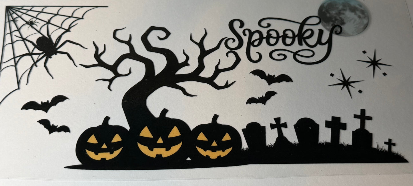 Spooky Halloween UV DTF Decal | Haunted Pumpkin Scene Transfer | Spooky Quote Cup Wrap | Ghost Tree & Graveyard