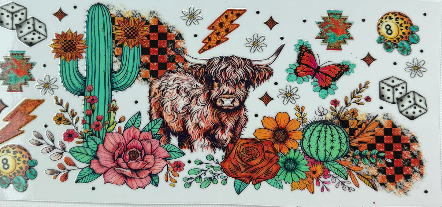 Western Highland Cow UV DTF Wrap | Cactus & Floral Checkered Tumbler Wrap | Boho Cowgirl 20oz Skinny Wrap