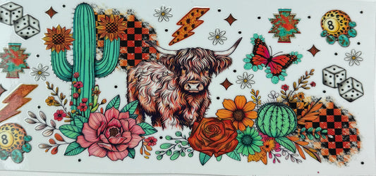 Western Highland Cow UV DTF Wrap | Cactus & Floral Checkered Tumbler Wrap | Boho Cowgirl 20oz Skinny Wrap