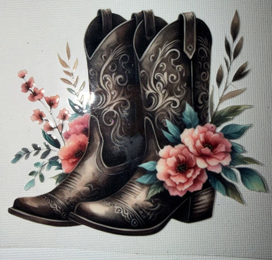 Western Cowgirl Boots UV DTF Decal 🤎🌸 | Floral Cowboy Boot Decal | Rustic Country Design | Tumbler, Car, Laptop Sticker