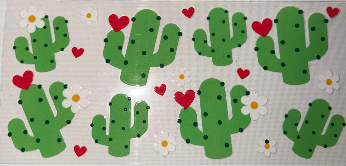 Desert Cactus UV DTF Wrap 🌵💚 | Cute Western Floral Tumbler Wrap | Green Cactus with Hearts & Daisies | 20oz Skinny Wrap