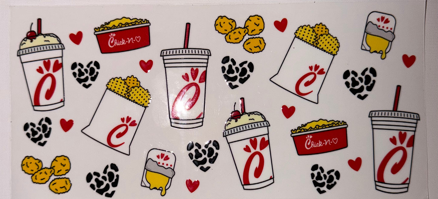 Chicken Lover Tumbler Wrap | Fast Food UV DTF Wrap | Nuggets Fries Coffee Design | Cute Heart Pattern | 20oz Skinny Tumbler Wrap