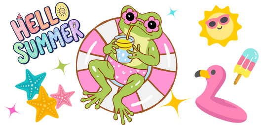 Hello Summer Frog UV DTF wrap/Decal Sheet | Cute Poolside Frog Summer Transfer Decals