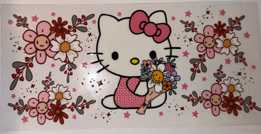 Cute Kitty Floral UV DTF Wrap | Pink Bow Cat Tumbler Decal | Coquette Flower Cup Wrap | 20oz Skinny