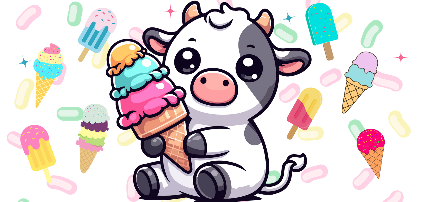Cute Cow Ice Cream UV DTF wrap/ Decal Sheet | Kawaii Summer Cow & Sweet Treat Transfer Decals