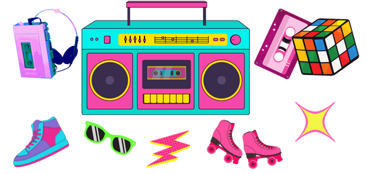 Retro 80s & 90s Nostalgia UV DTF Decal Sheet | Boombox, Cassette Tape, Roller Skates & Retro Accessories